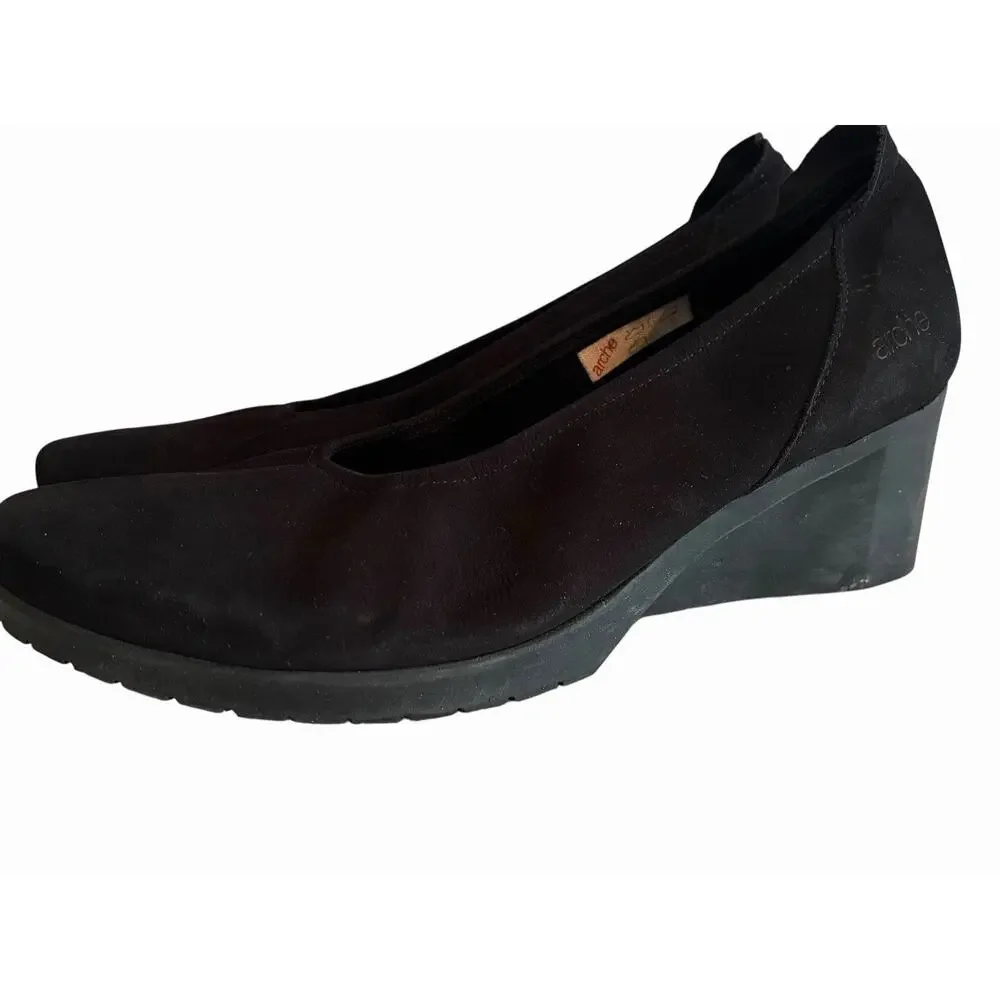 Arche Nubuck Black Slip-On Wedge Loafers •41/ 10• Ruffle Pumps Heels France $328